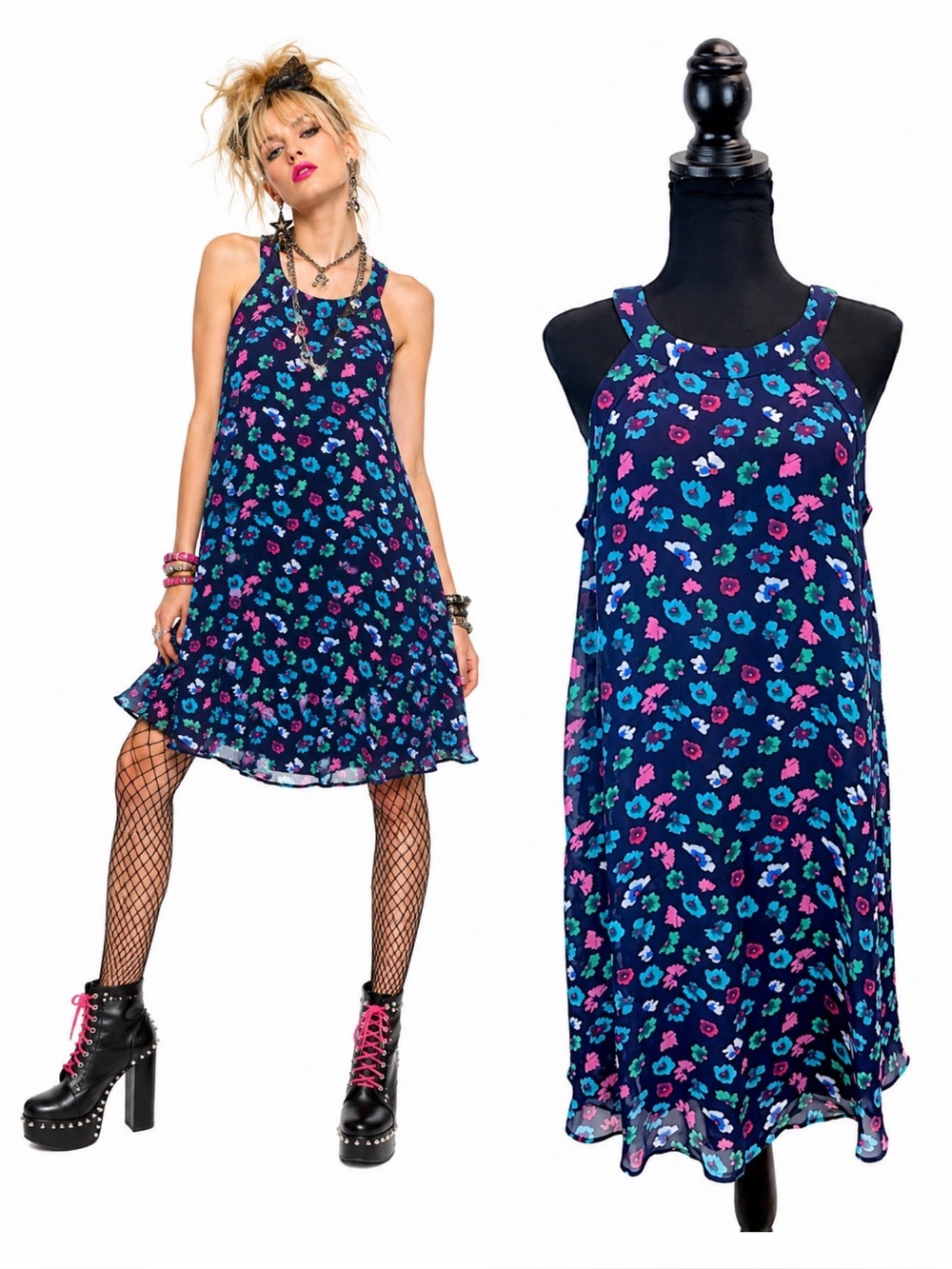 Betsey Johnson Floral Shift Dress Size 12 Y2K Pop Art Sleeveless Swing Midi